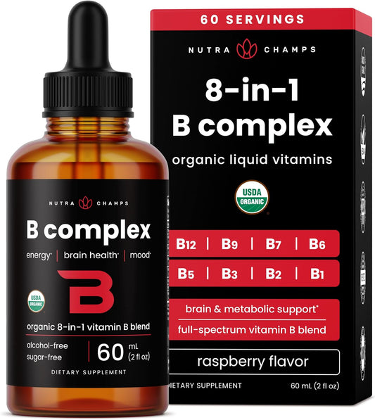 USDA Organic Vitamin B Complex Liquid Drops Sublingual B12 Methylcobalamin | B1, B2, B3, B5, B6, B7, B9 | Methylated B Vitamins Complex for Women & Men | Biotin, Niacinamide, Folate & Folic Acid, 2oz