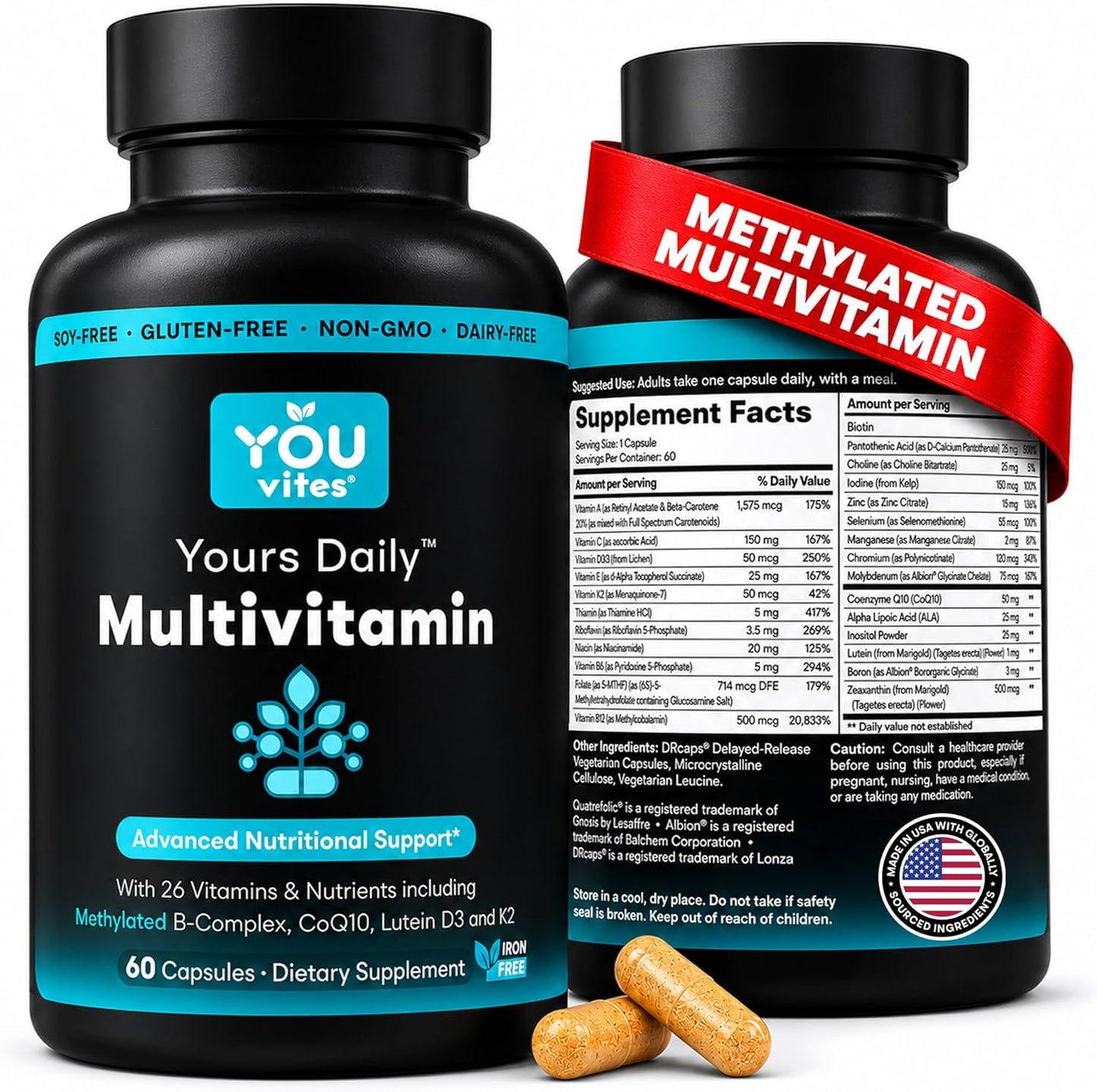 Methylated Multivitamin for Men and Women, Methyl Multi Without Iron - 60 Capsules, MTHFR Supplement with Methyl B12, Methylfolate (5-MTHF), CoQ10 for Energy, Heart and Mood Support