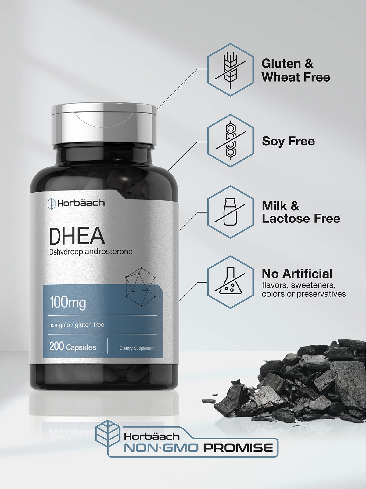 DHEA 100mg | 200 Capsules | Non-GMO, Gluten Free Supplement | by Horbaach