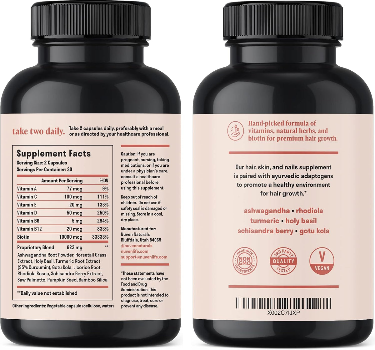 Hair Vitamins - Biotin 10000 mcg with Vitamin A, E, C, D & Adaptogens to Support Hair, Skin & Nails - Biotin Supplement for Health & Growth | Vegan, Non-GMO, Gluten Free | 60 Capsules & 30 Servings