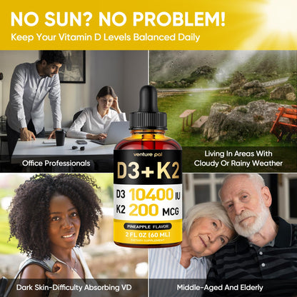 5-in-1 Vitamin D3 K2 Drops, Vitamin D3 10400 IU & K2(MK-7) 200mcg | With Magnesium, MCT Oil, Zinc, Maximum Absorption Vitamin D Liquid for Bone, Mood & Immune - Sugar Free | 2 FL OZ | 60 Days