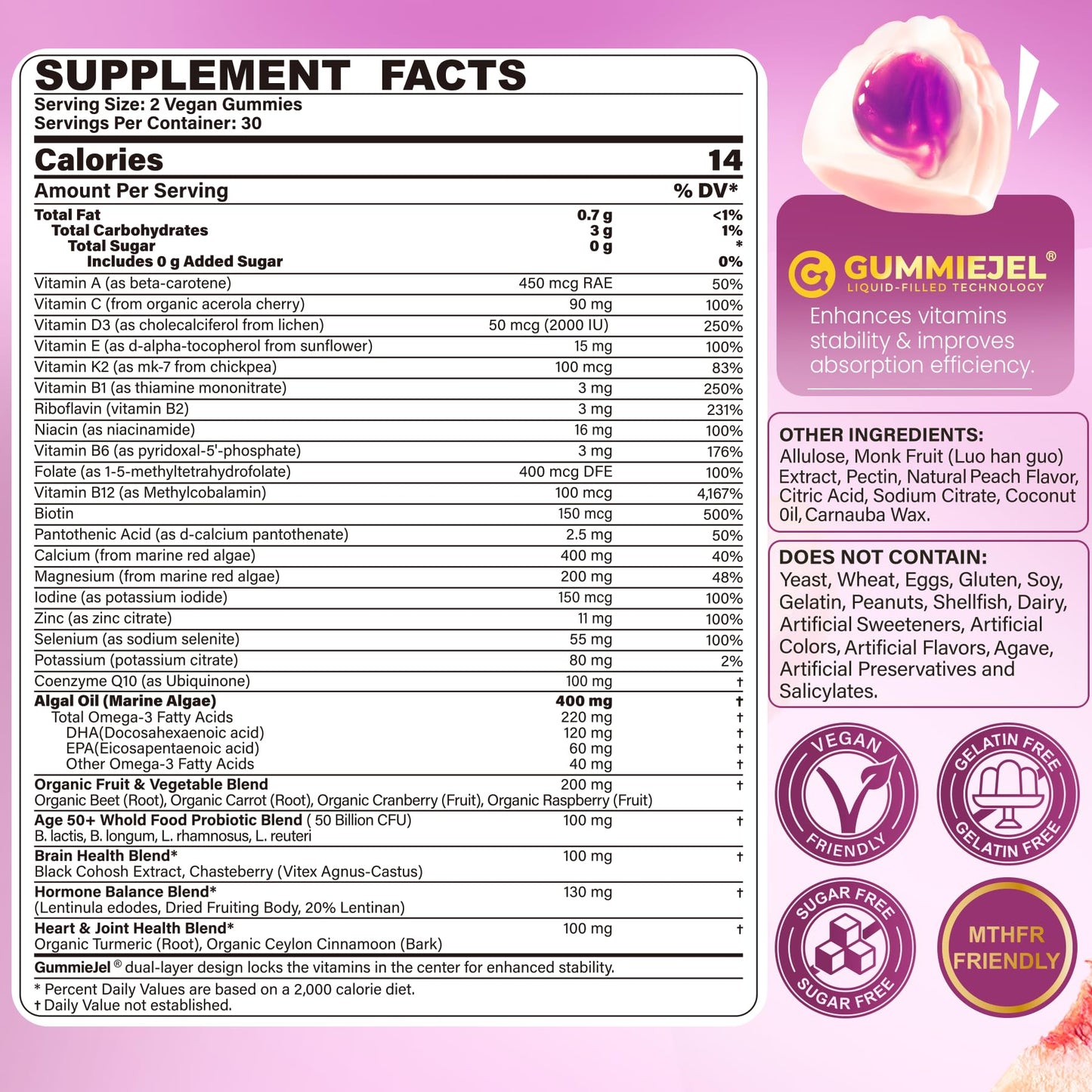 Multivitamin for Women 50 Plus Gummies, Vegan Omega 3, Methylfolate, Calcium, D3 K2, Probiotics CoQ10, Daily Vitamin A C E Methylated B12 Biotin B Complex Zinc -Bone Energy Longevity -Sugar Free 60Cts