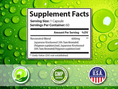 100% Natural Resveratrol Supplement - Trans-Resveratrol Supports Aging - Antioxidants Supplement Promotes Immune System & Joint Support (60 Capsules)
