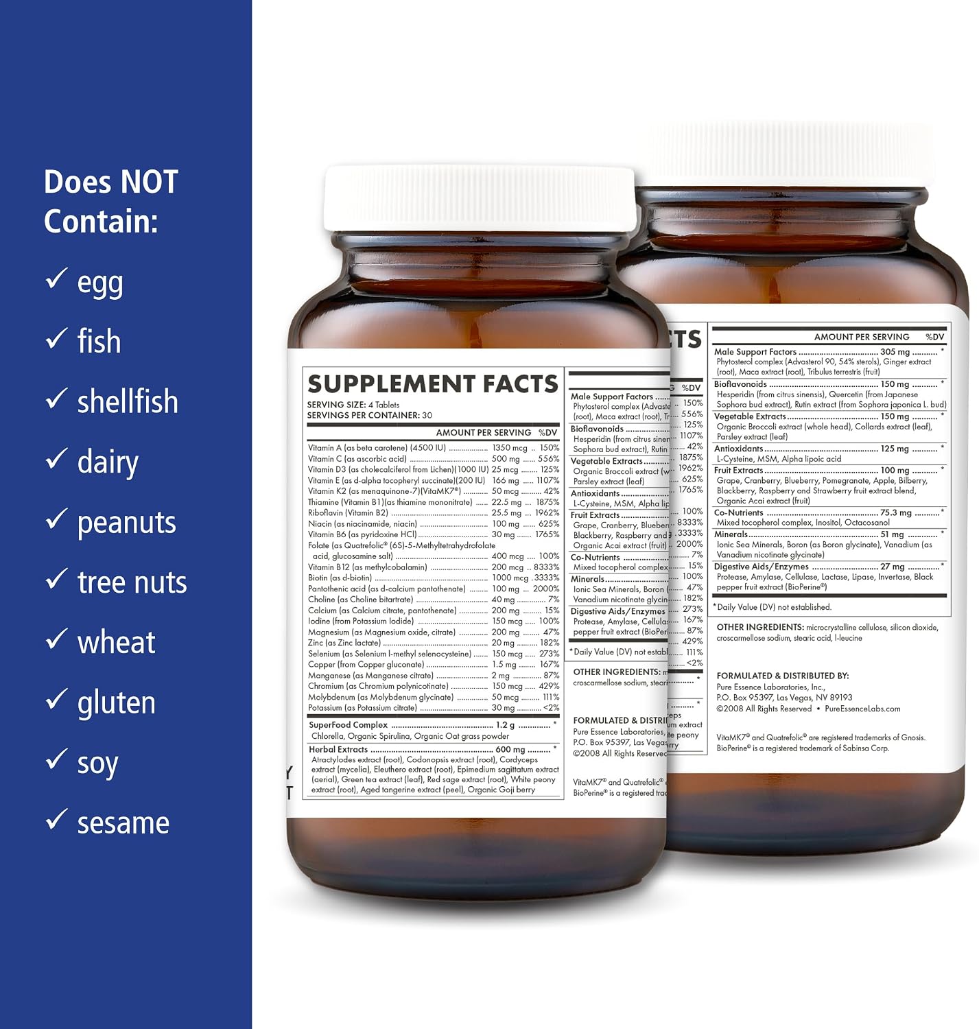 PURE ESSENCE LABS LifeEssence Mens Formula - World's Most Energetic Multiple - The Master Multiple - 120 Tablets