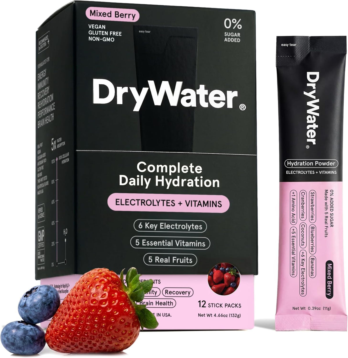 DryWater Electrolytes + Vitamins Hydration Packets, Mixed Berry 12 Pack