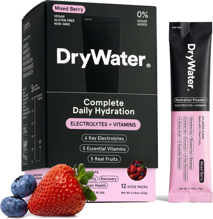 DryWater Electrolytes + Vitamins Hydration Packets, Mixed Berry 12 Pack