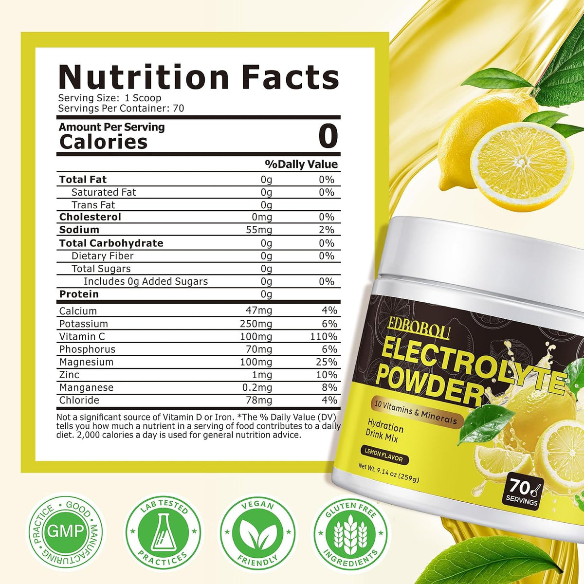 Sugar Free Electrolyte Powder - Lemon Flavor 70 Servings Refreshing Hydration Mix with Potassium, Sodium & Magnesium Fast-Absorbing Hydration Supplement, Gluten-Free, Ideal for Athletes