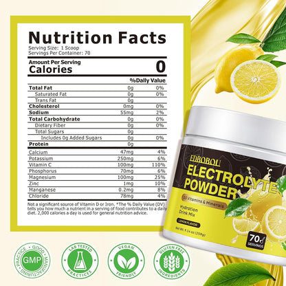 Sugar Free Electrolyte Powder - Lemon Flavor 70 Servings Refreshing Hydration Mix with Potassium, Sodium & Magnesium Fast-Absorbing Hydration Supplement, Gluten-Free, Ideal for Athletes