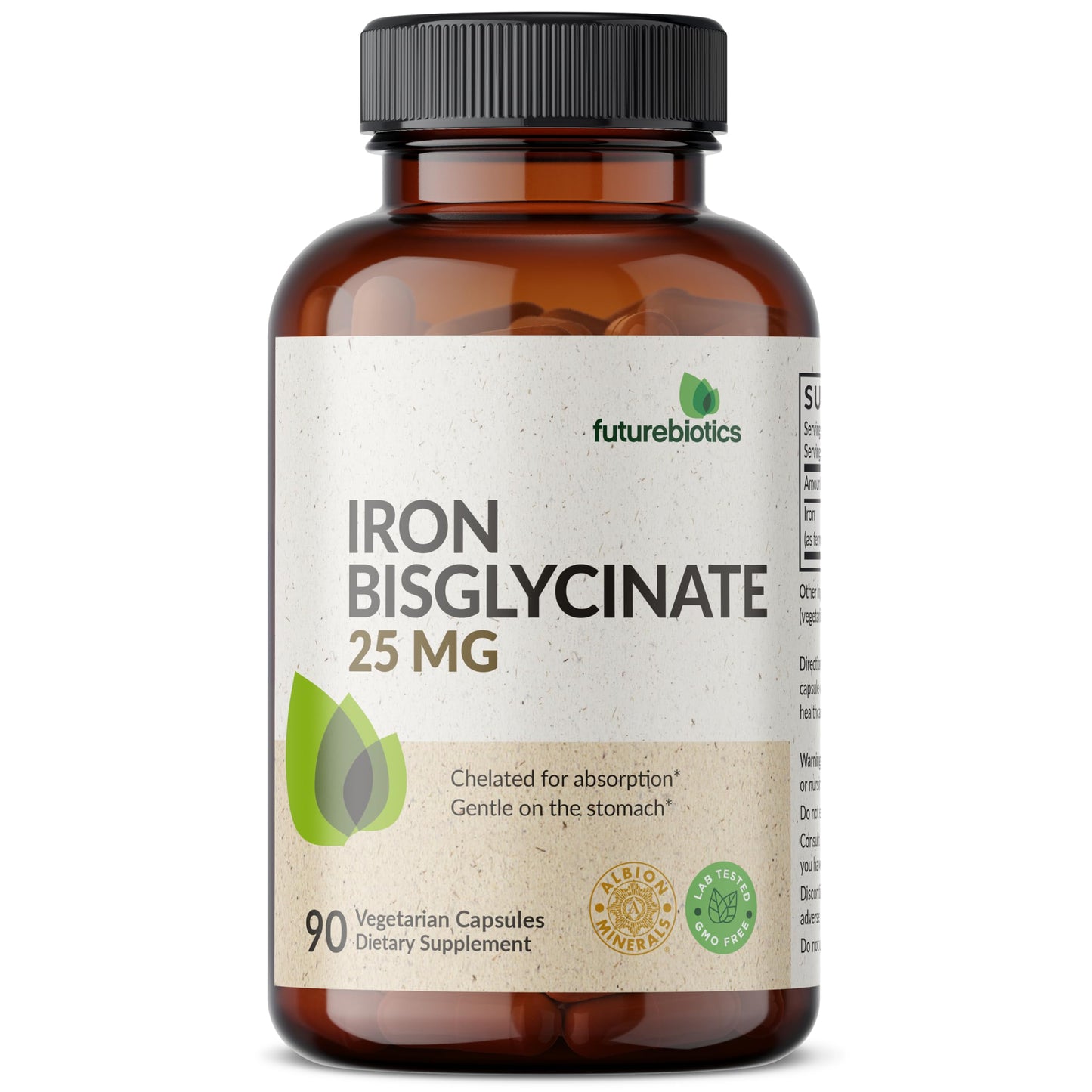 Futurebiotics Iron Bisglycinate 25mg Gentle on The Stomach, Supports Energy & Healthy Red Blood Cell Production - Non-Constipating Formula - Non GMO, 90 Vegetarian Capsules