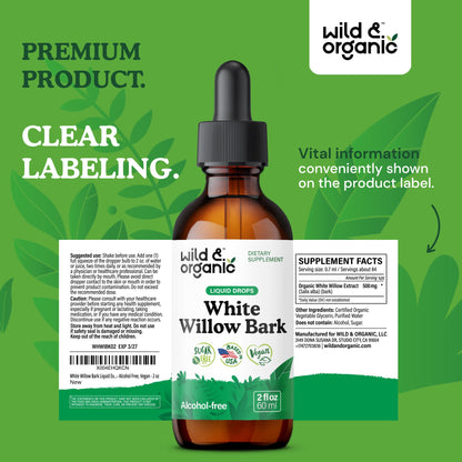Wild & Organic White Willow Bark Tincture - Liquid Supplement for Overall Support - Alcohol & Sugar-Free White Willow Extract Drops - Salix Alba Bark - Vegan, No Additives - 4 fl oz