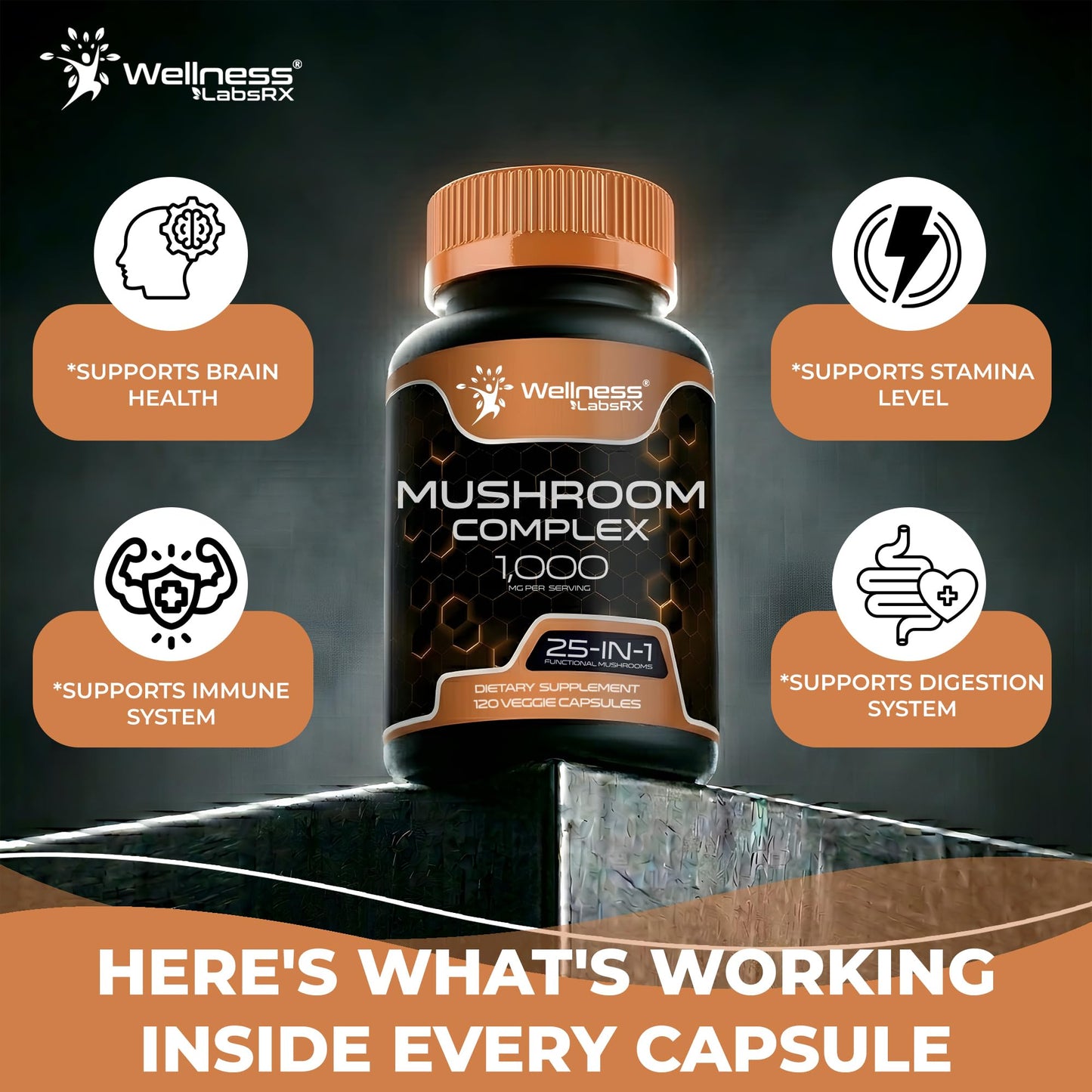 WELLNESS LABSRX Mushroom Supplement Capsules 10:1 Extract, Mushroom Complex Capsules 1000mg, Lions Mane Supplement with Turkey Tail, Cordyceps, Reishi - 120 Count
