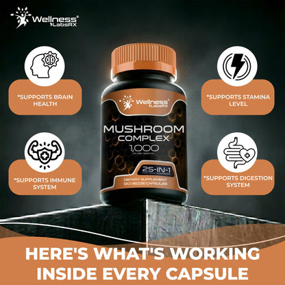 WELLNESS LABSRX Mushroom Supplement Capsules 10:1 Extract, Mushroom Complex Capsules 1000mg, Lions Mane Supplement with Turkey Tail, Cordyceps, Reishi - 120 Count