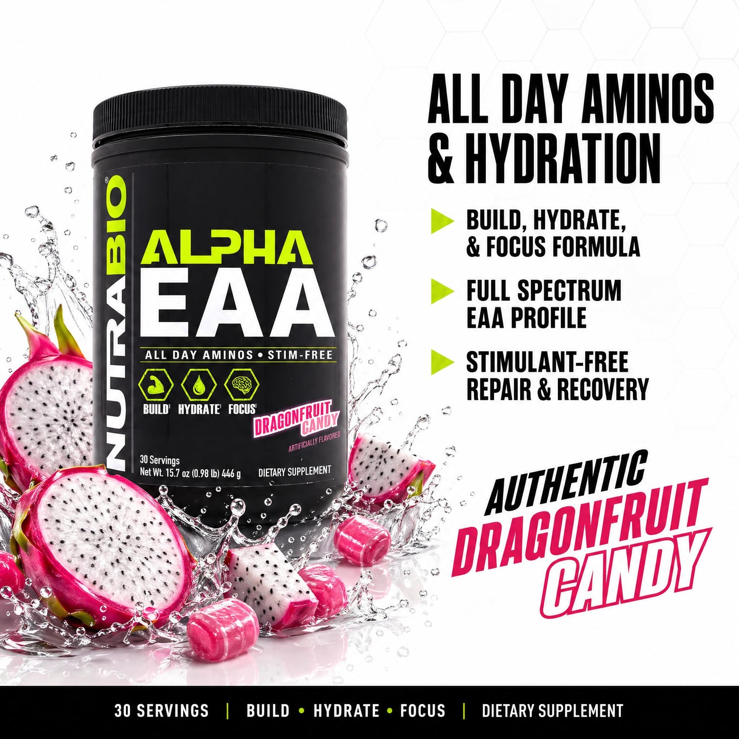 NutraBio Alpha EAA - All-Day Amino Acids for Muscle Growth and Hydration - Essential Amino Acids with Nootropics & Adaptogens- Full Spectrum EAA BCAA Powder - 30 Servings - Strawberry Lemon