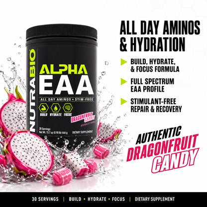 NutraBio Alpha EAA - All-Day Amino Acids for Muscle Growth and Hydration - Essential Amino Acids with Nootropics & Adaptogens- Full Spectrum EAA BCAA Powder - 30 Servings - Strawberry Lemon