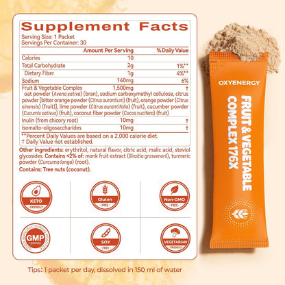 OxyEnergy Fiber Supplement Powder for Women & Men - Fruit and Vegetable Complex Daily Fiber, Weight Loss & Gut Health, Prebiotics & Digestive & Relieve Bloating, Orange Flavored Drink Mix, 30 Packets