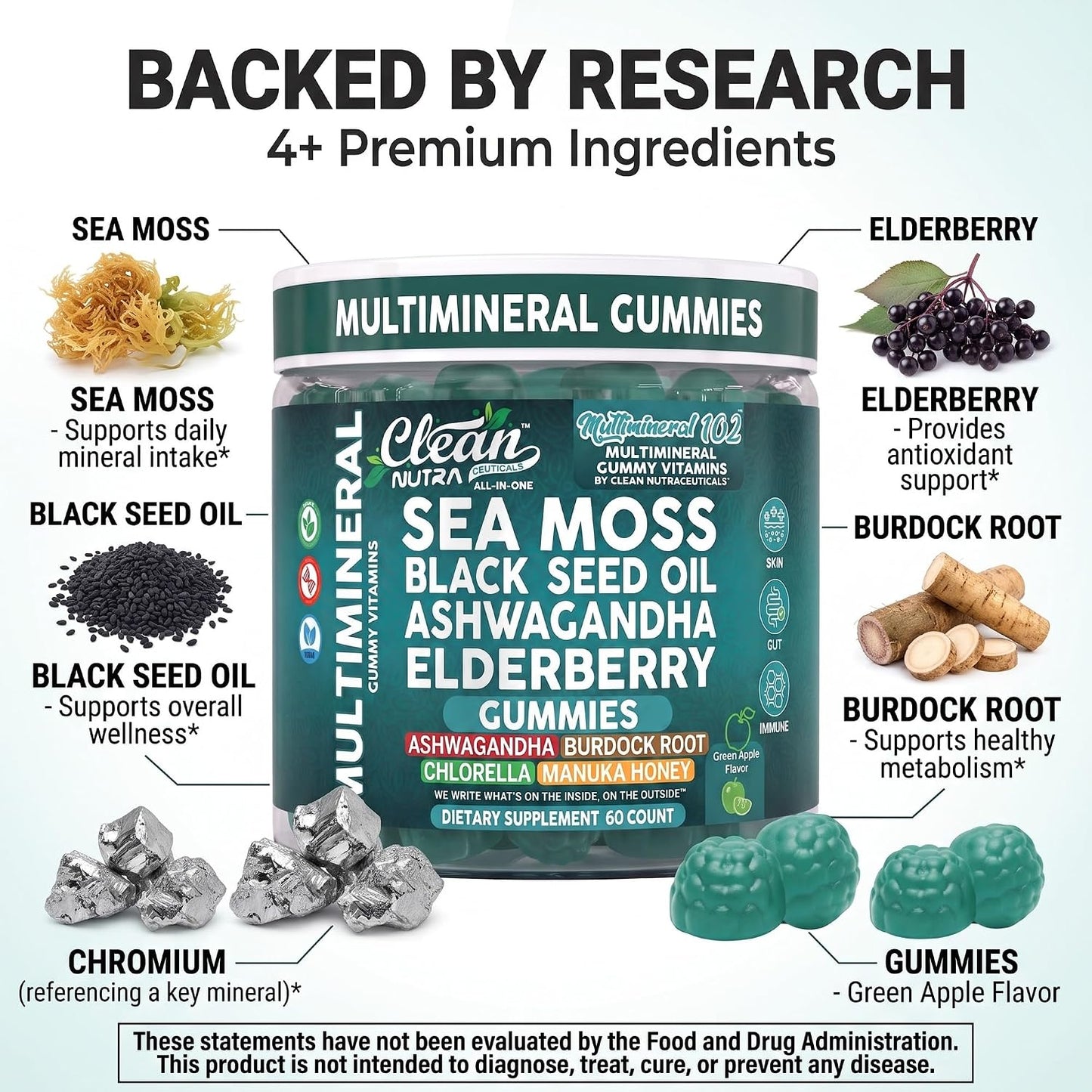 Sea Moss Gummies | Clinically Tested - Black Seed Oil Ashwagandha Elderberry Burdock Root Chlorella Manuka Honey - Vegan Irish Sea Moss Gummy Vitamins for Adults Kids Men Women - Green Apple Flavor
