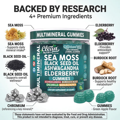 Sea Moss Gummies | Clinically Tested - Black Seed Oil Ashwagandha Elderberry Burdock Root Chlorella Manuka Honey - Vegan Irish Sea Moss Gummy Vitamins for Adults Kids Men Women - Green Apple Flavor