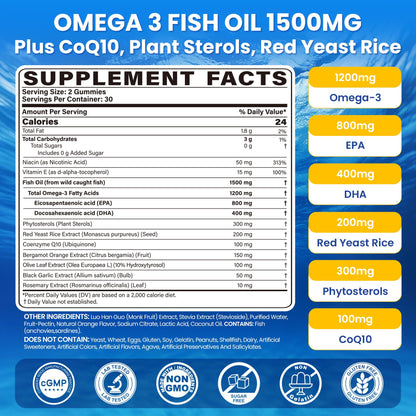 Fish Oil Omega 3 Gummies 1500mg for Adults - Triple Strength with EPA & DHA, COQ10, Red Yeast Rice - Wild Caught Omega 3 Fatty Acids Supplements - Sugar Free, Burpless, 120 Count