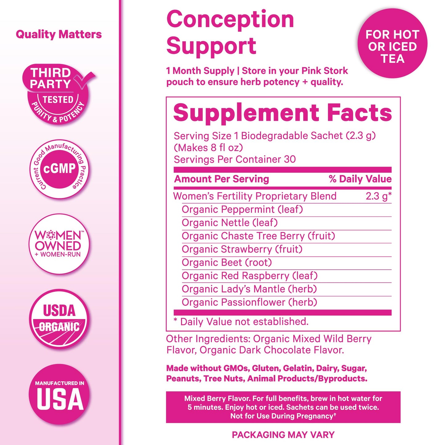 Pink Stork Organic Fertility Tea for Women, Sweet Mint, 15 Sachets | USDA Organic Herbs, Chaste Tree Berry (Vitex), Red Raspberry Leaf, Hormone Balance Support, Caffeine Free, 30 servings