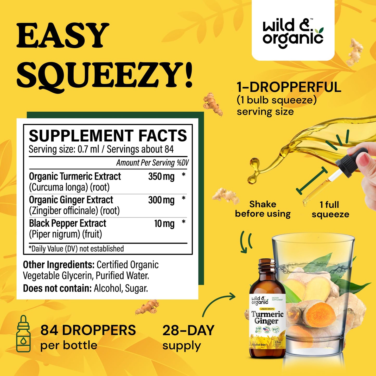 Wild & Organic Turmeric and Ginger Supplement - Movement & Immune Support - Liquid Turmeric Curcumin with Black Pepper and Ginger - Add to Tea Drops - Vegan, Sugar & Alcohol-Free Tincture - 4 oz