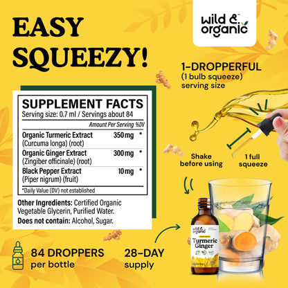 Wild & Organic Turmeric and Ginger Supplement - Movement & Immune Support - Liquid Turmeric Curcumin with Black Pepper and Ginger - Add to Tea Drops - Vegan, Sugar & Alcohol-Free Tincture - 4 oz