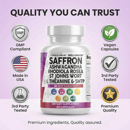 Clean Nutraceuticals Saffron Supplements Extract 100mg + Ashwagandha L-Theanine 200mg - Mood Support Ginkgo Biloba, St. John's Wort, Rhodiola Rosea & 5-HTP Capsules Pills Men Women
