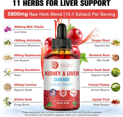 Kidney and Liver Cleanse Detox & Repair Drops, Cranberry and Milk Thistle Supplement with Artichoke, Astragalus, Horsetail – Natural Herbal for Liver, Kidney, Urinary Tract, Bladder, 60ml