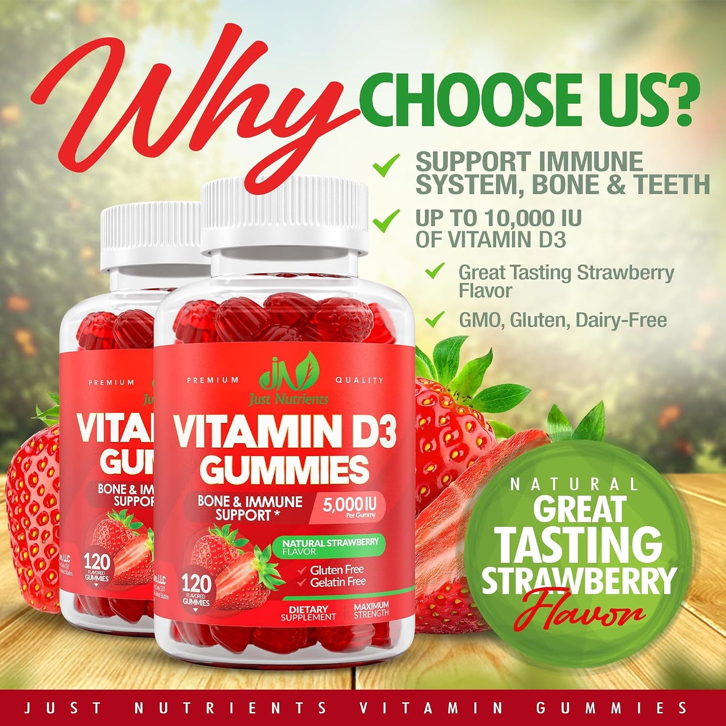 Vitamin D3 5000/10000 IU Gummies for Adults & Kids (120 Count) | Maximum Strength Support for Immune System, Bones & Teeth - Gluten-Free, Great Tasting Strawberry Flavor - 4 Month Supply