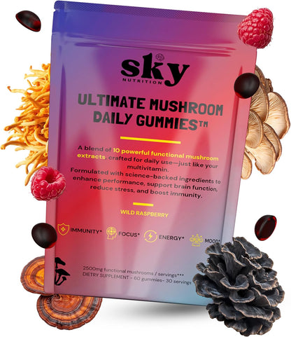 Mushroom Gummies - 10-in-1 Advanced Complex w/Lions Mane, Reishi, Cordyceps, Turkey Tail - Focus & Brain Support - Raspberry Flavored 60 Vegan Lions Mane Mushroom Gummies for Adults