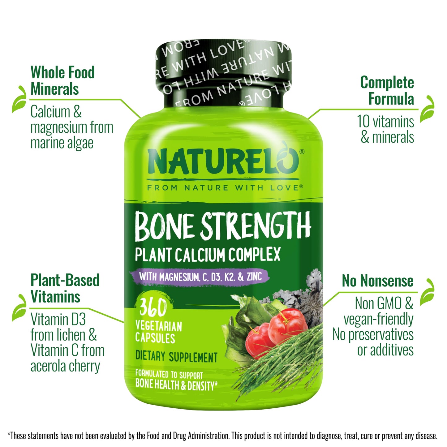 NATURELO Calcium Supplement - with Vitamin C, Vitamin D3, K2, and Calcium Magnesium Zinc for Bone Strength with Calcium 600mg - Plant-Based, 120 Vegetarian Capsules, Non-GMO, Soy & Gluten-Free