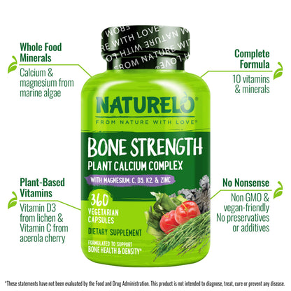 NATURELO Calcium Supplement - with Vitamin C, Vitamin D3, K2, and Calcium Magnesium Zinc for Bone Strength with Calcium 600mg - Plant-Based, 120 Vegetarian Capsules, Non-GMO, Soy & Gluten-Free