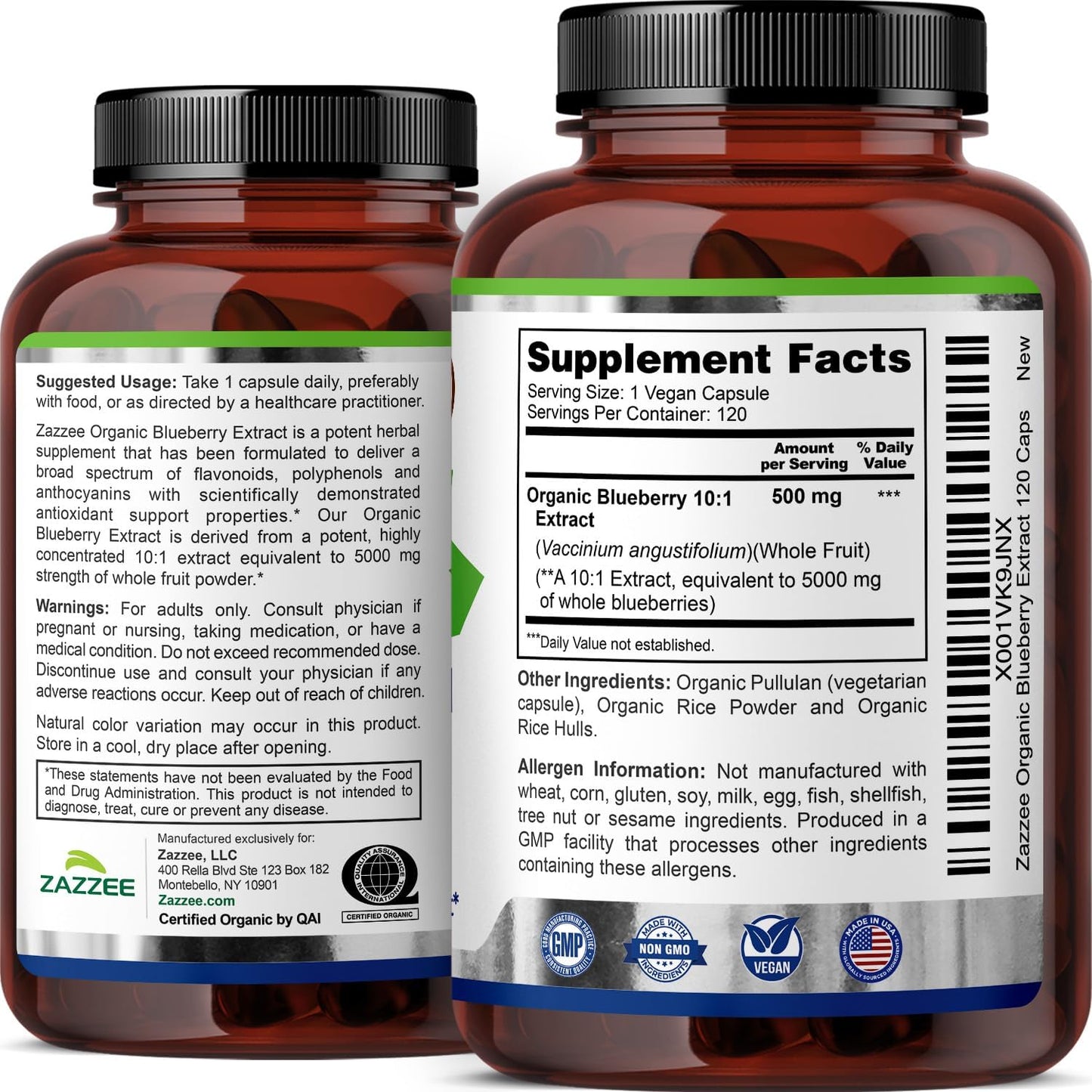 Zazzee USDA Organic Blueberry 10:1 Extract, 120 Vegan Capsules, 4 Month Supply, Whole Fruit, Vaccinium Angustifolium, Antioxidant & Cellular Health Support, Herbal Supplement, Non-GMO, Made in the USA