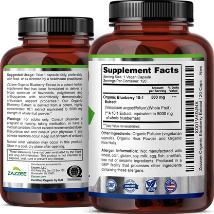 Zazzee USDA Organic Blueberry 10:1 Extract, 120 Vegan Capsules, 4 Month Supply, Whole Fruit, Vaccinium Angustifolium, Antioxidant & Cellular Health Support, Herbal Supplement, Non-GMO, Made in the USA