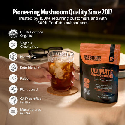 Premium Organic Mushroom Coffee – 12:1 Fruiting Body Extract – 29% Beta-Glucans – Smooth Tasting, 3rd-Party Tested for Clean Energy, No Jitters, Focus, Immune Support (15 Servings)