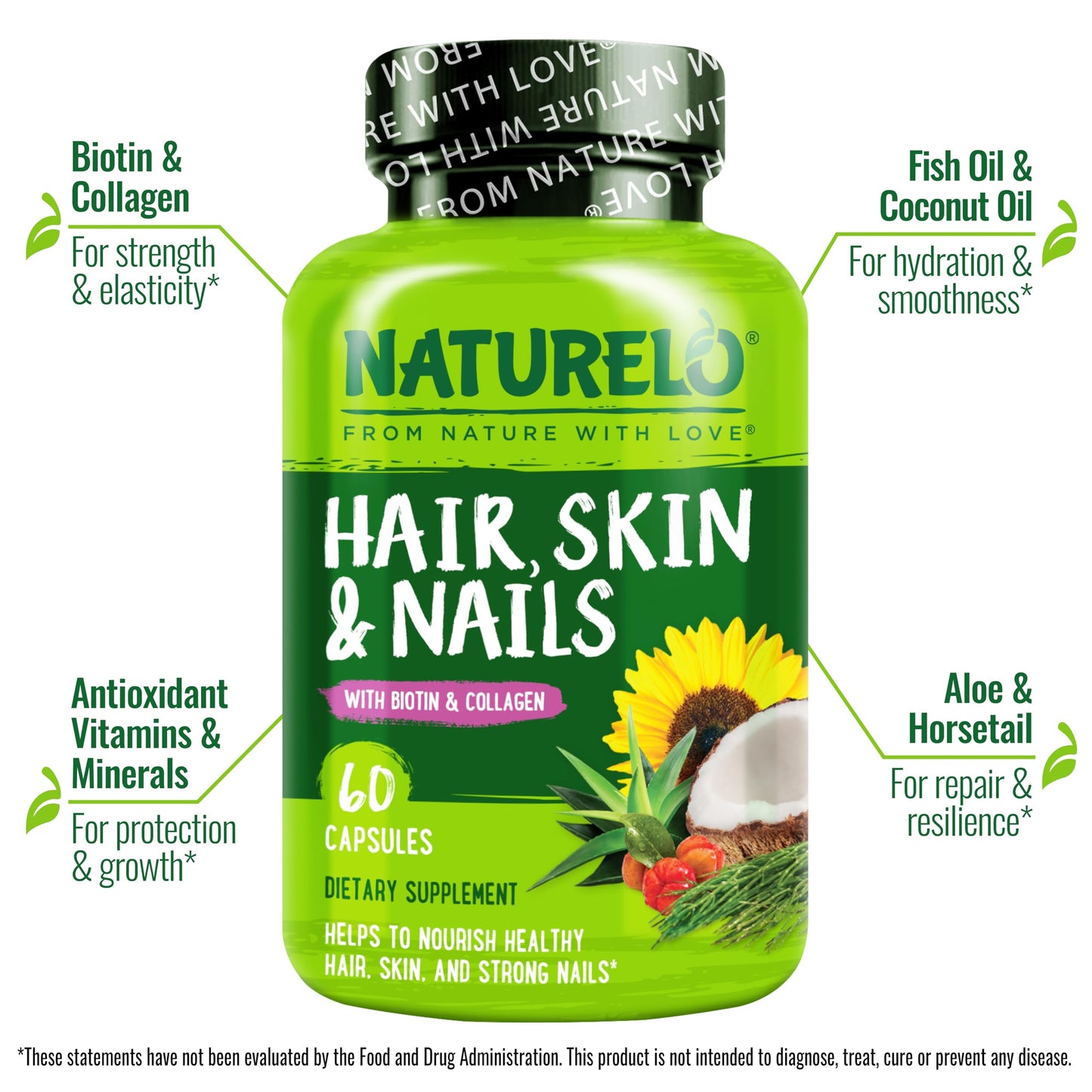 NATURELO Hair, Skin and Nails Vitamins - 5000 mcg Biotin, Collagen, Natural Vitamin E - Supplement for Healthy Skin, Hair Growth for Women and Men – 60 Capsules