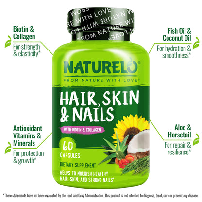 NATURELO Hair, Skin and Nails Vitamins - 5000 mcg Biotin, Collagen, Natural Vitamin E - Supplement for Healthy Skin, Hair Growth for Women and Men – 60 Capsules