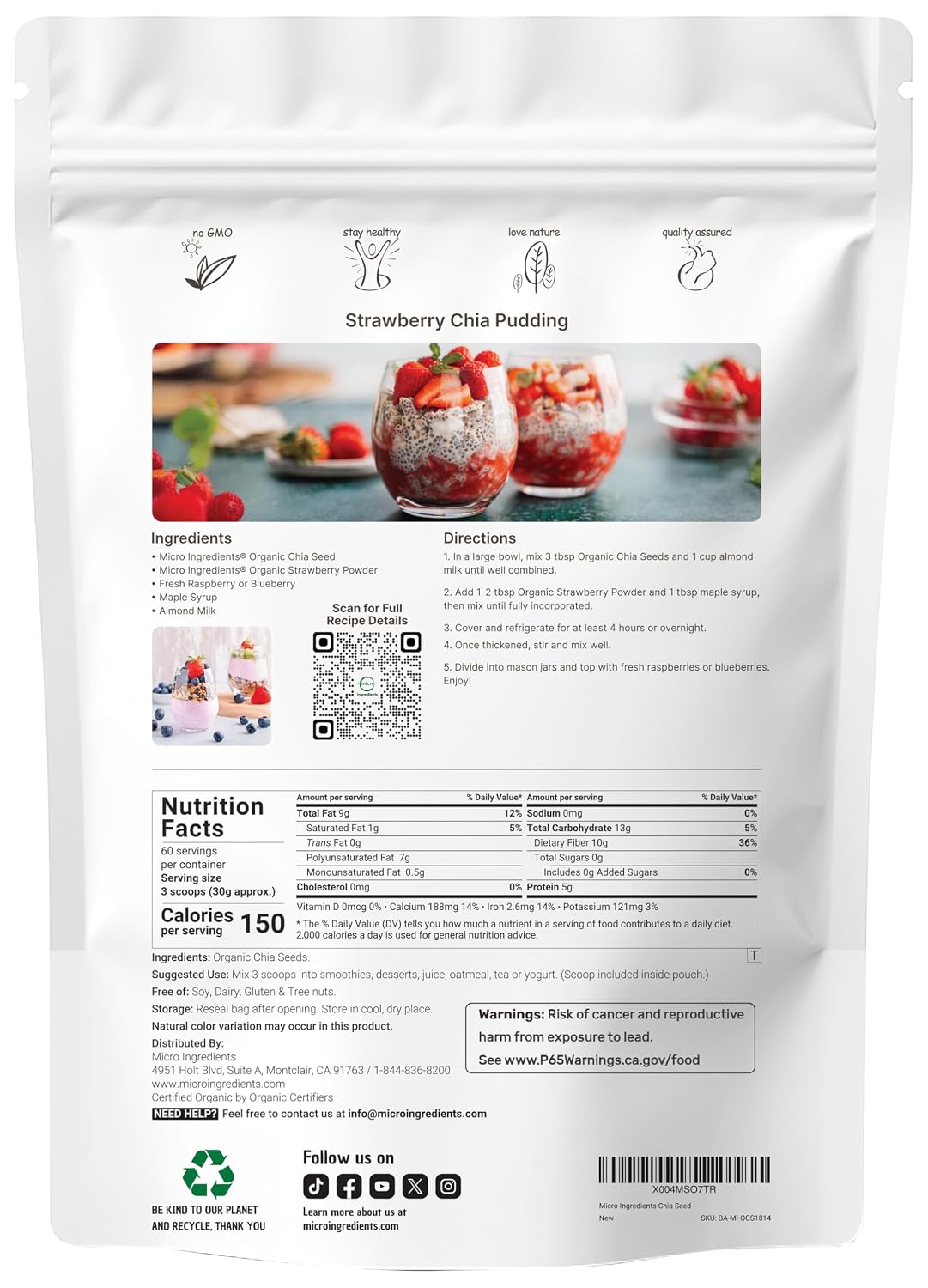 Micro Ingredients Organic Chia Seeds, 4lbs | Contains Omega-3s | Non-GMO | Excellent Source of Fiber | Plant Based Protein | Raw Chia Seed Source | Great for Baking, Smoothies & Pudding | Gluten Free