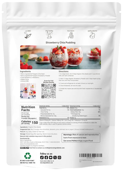 Micro Ingredients Organic Chia Seeds, 4lbs | Contains Omega-3s | Non-GMO | Excellent Source of Fiber | Plant Based Protein | Raw Chia Seed Source | Great for Baking, Smoothies & Pudding | Gluten Free