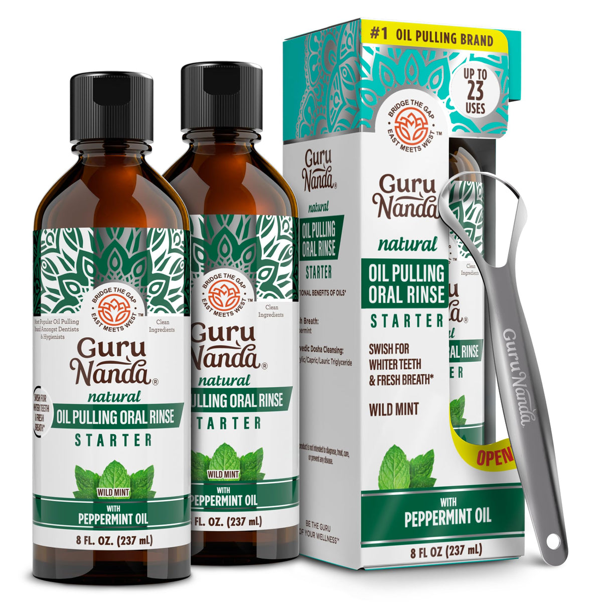 GuruNanda Starter Coconut Oil Pulling Mouthwash with Peppermint Oil, 8oz