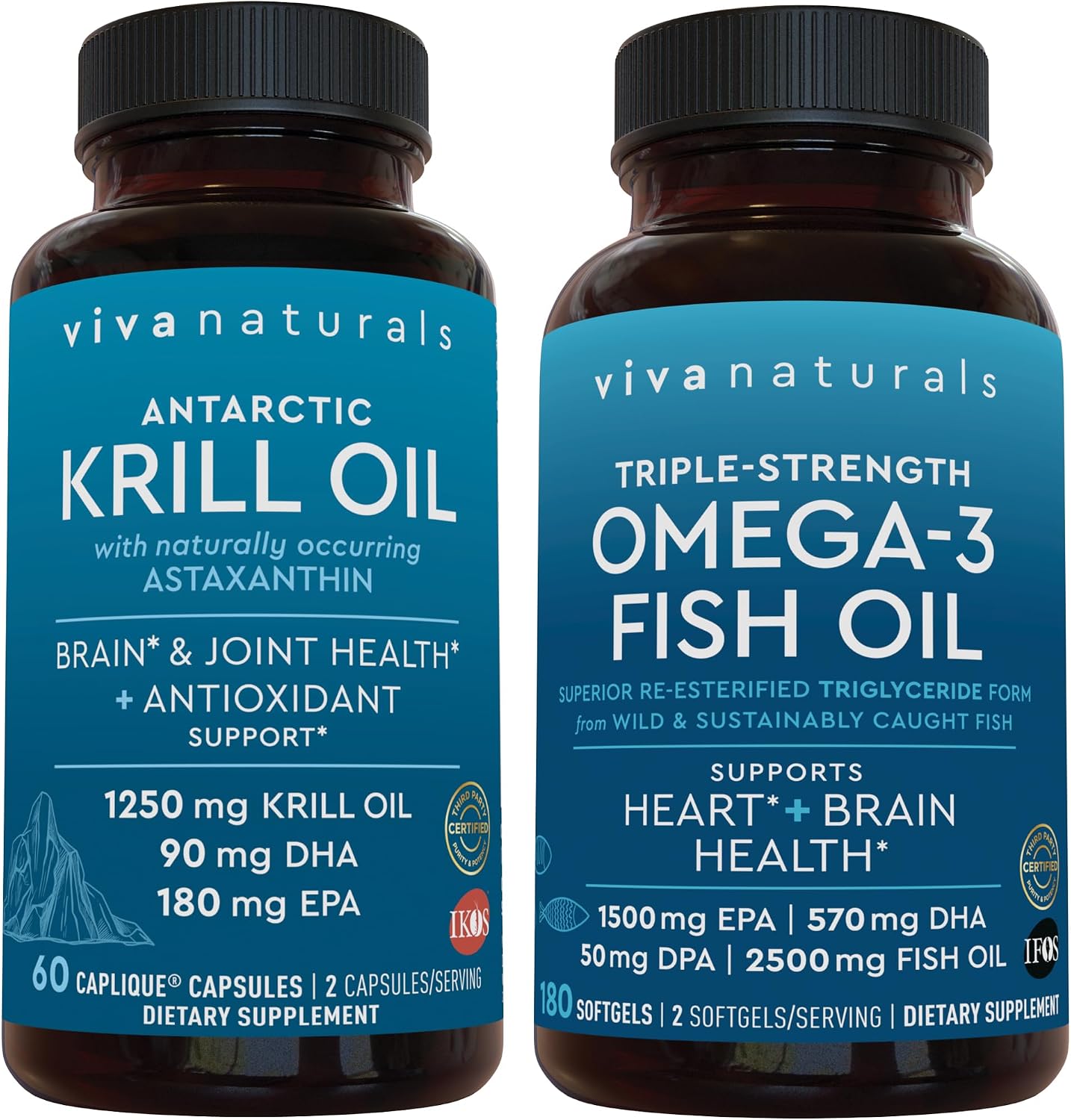 Viva Naturals 1250 mg Antarctic Krill Oil and 2,500 mg Triple-Strength Omega-3 Fish Oil Bundle, Providing Omega-3 EPA and DHA