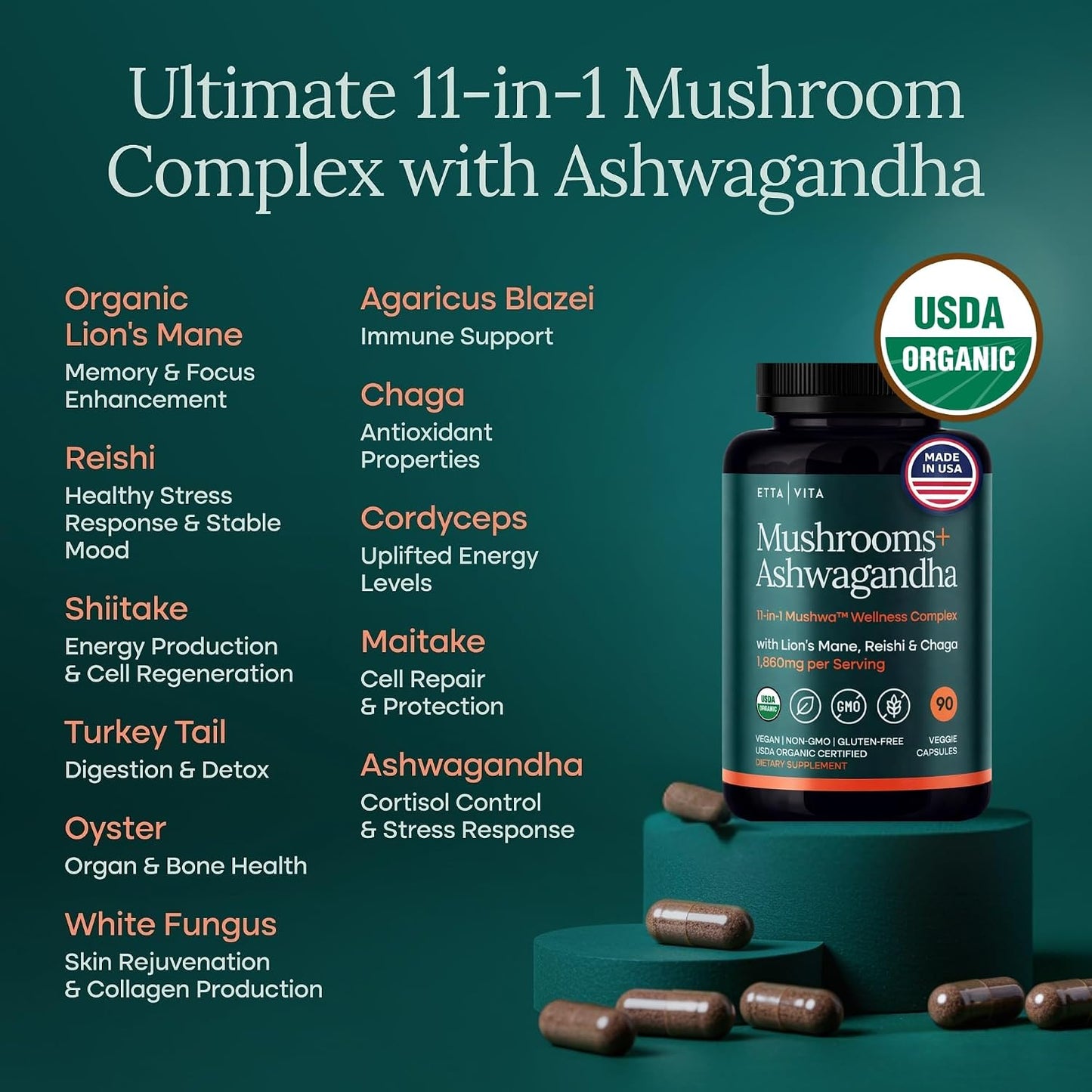 USDA Organic Lions Mane Supplement Capsules with Ashwagandha, Chaga, Reishi, Cordyceps, Turkey Tail - 10x Adaptogenic Mushroom Complex as Focus Supplement - Energy, Immunity & Nootropic