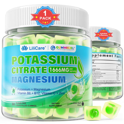 Potassium Citrate 1666mg Gummies + Magnesium Glycinate + Zinc, Potassium Supplement for Adults Women Men, Sugar Free Electrolyte Balance Gummies w/B6, B12 & C for Hydration, Leg Cramps & Energy, 60Cts