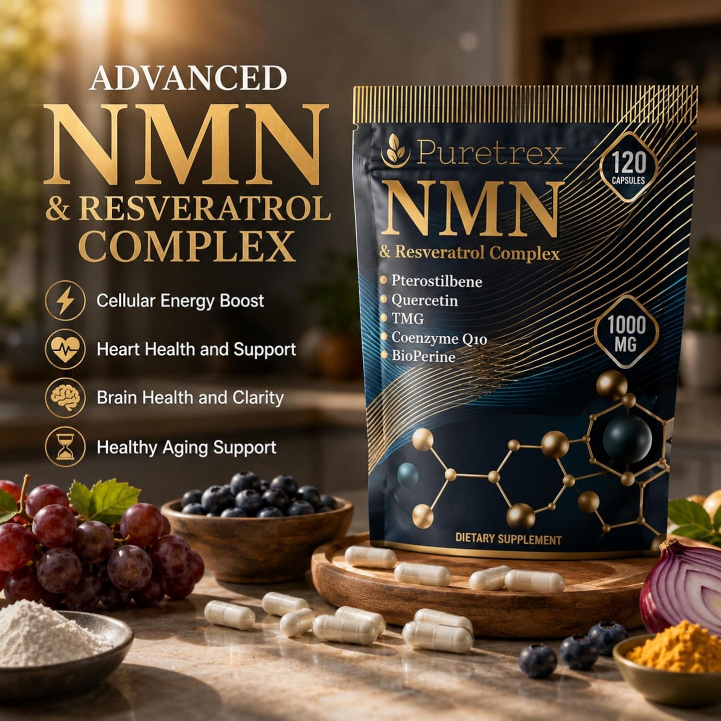 NMN 1000mg with Resveratrol, TMG, Pterostilbene, Quercetin, CoQ10, BioPerine - NMN Supplement, NAD Booster, Longevity Formula, Vegan, 120 Capsules