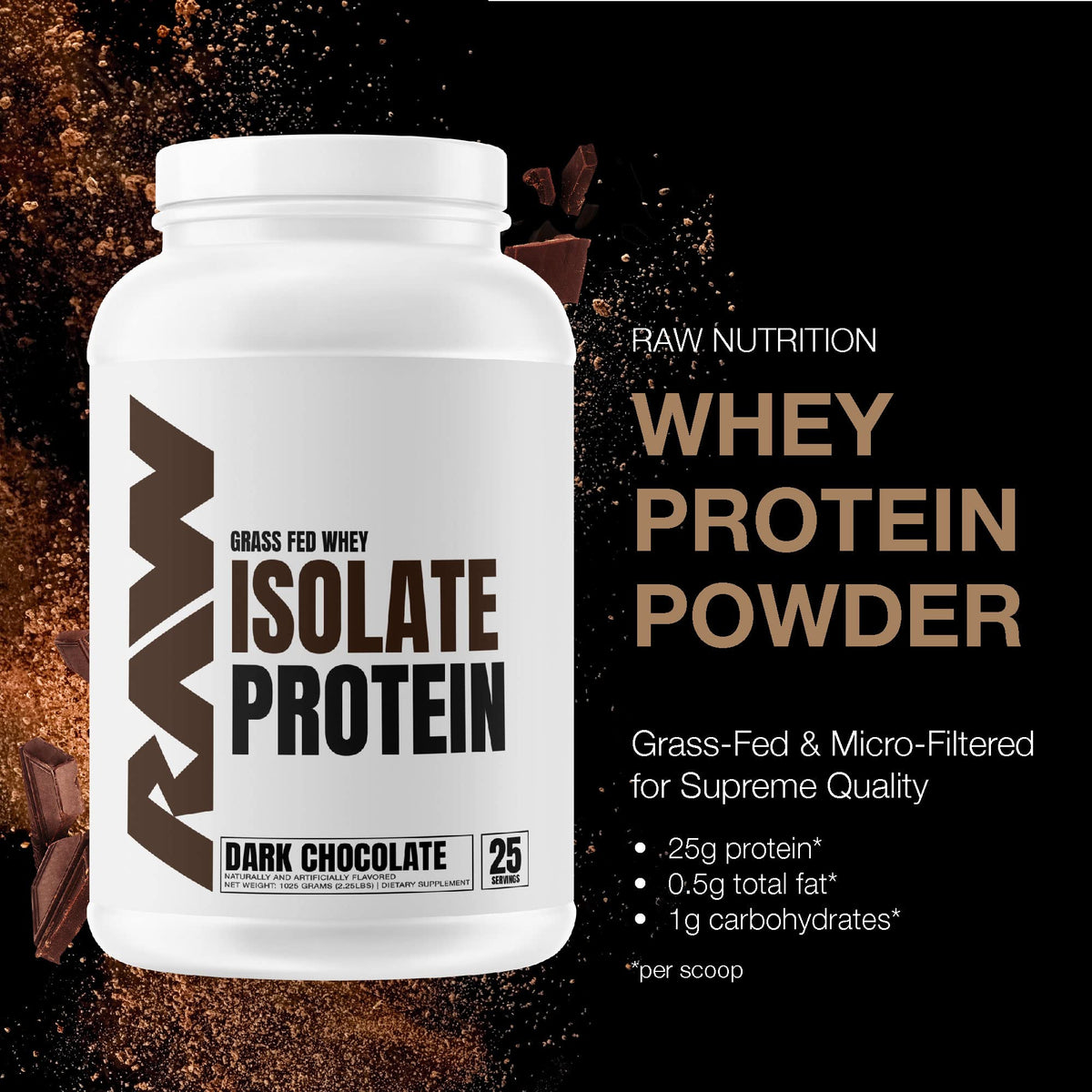 RAW Whey Isolate Protein Powder, Dark Chocolate - 100% Grass-Fed Sports Nutrition