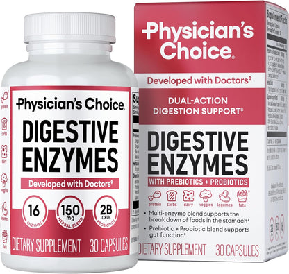 Physician's CHOICE Digestive Enzymes for Bloating & Digestion - Fast-Acting 16 Enzyme Formula with Organic Prebiotics & Probiotics for Gut & Digestive Health - Meal Time Discomfort Relief - 30 CT