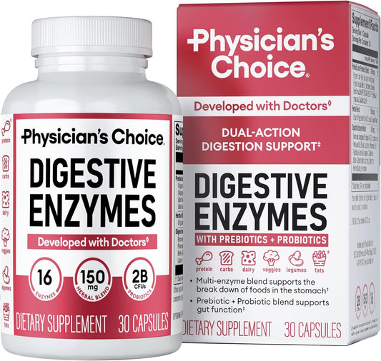 Physician's CHOICE Digestive Enzymes for Bloating & Digestion - Fast-Acting 16 Enzyme Formula with Organic Prebiotics & Probiotics for Gut & Digestive Health - Meal Time Discomfort Relief - 30 CT