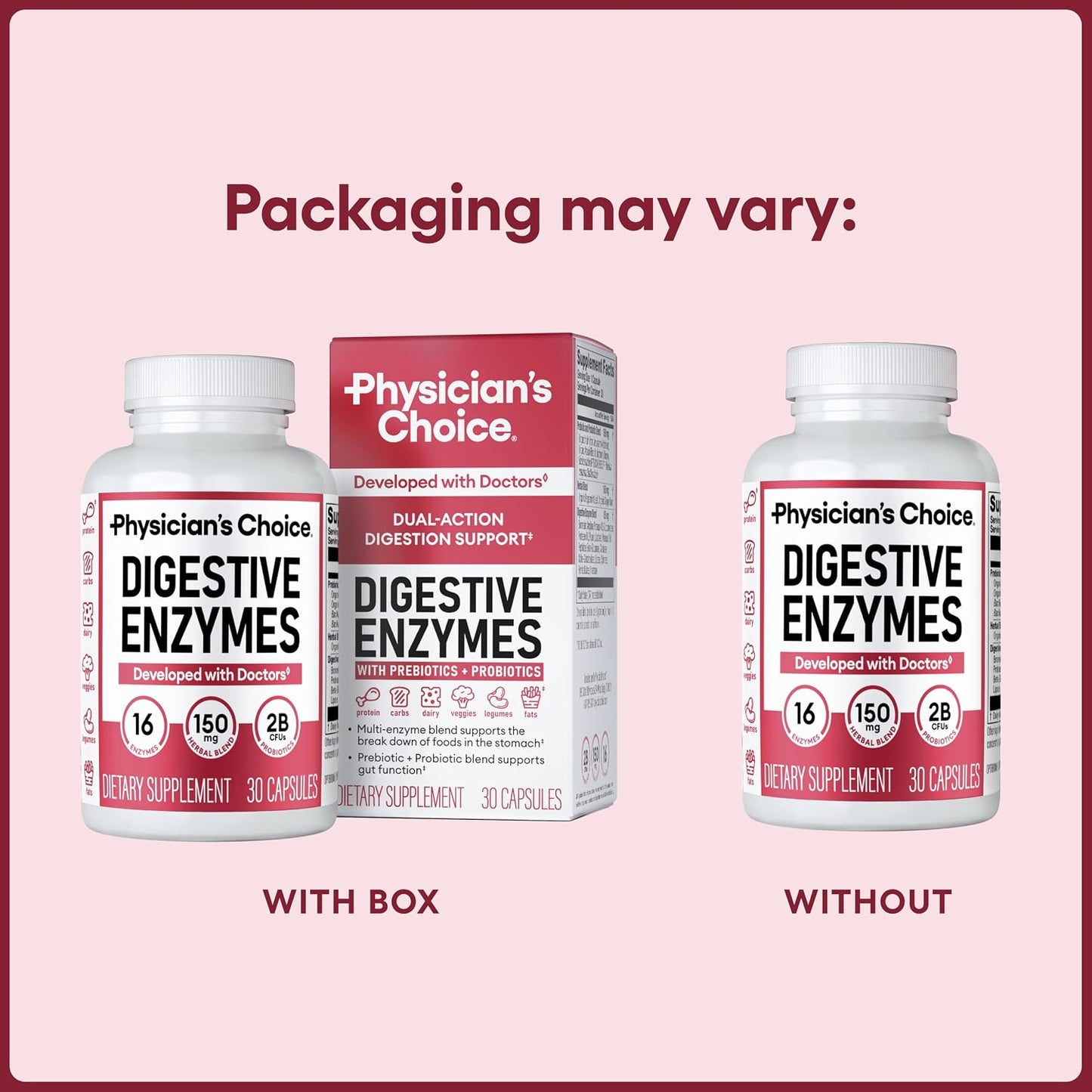 Physician's CHOICE Digestive Enzymes for Bloating & Digestion - Fast-Acting 16 Enzyme Formula with Organic Prebiotics & Probiotics for Gut & Digestive Health - Meal Time Discomfort Relief - 30 CT