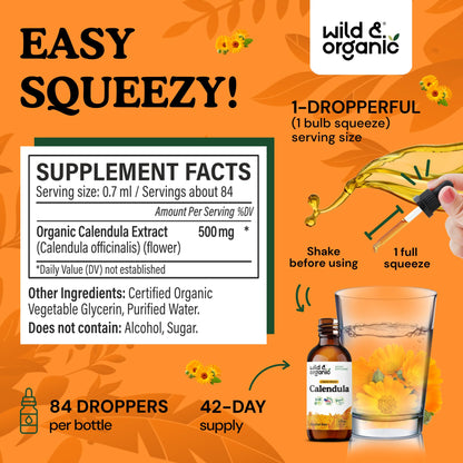 Wild & Organic Calendula Flowers Supplement - Antioxidant, Immune & Skin Support - Add to Tea Extract Drops - Calendula Herb Tincture - Vegan, Alcohol & Sugar-Free - 4 fl oz