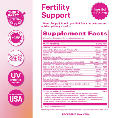 Pink Stork Fertility Supplements for Women, 60 Capsules | 2-in-1 Conception Support + Prenatal, Inositol, Folate + CoQ10, Cycle Regularity, Hormone Balance, Reproductive Wellness