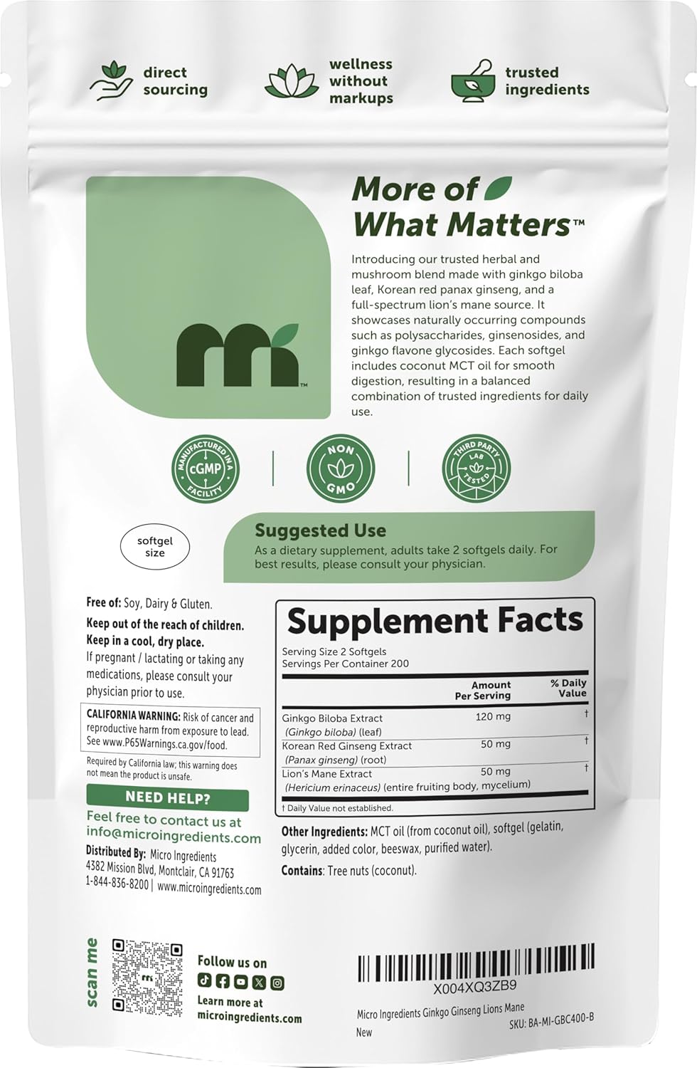 Micro Ingredients Ginkgo Biloba 120 mg Per Serving, 400 Softgels | 3-in-1 with Panax Ginseng & Lion’s Mane | Herbal Mushroom Blend | Made with MCT Oil | Non-GMO